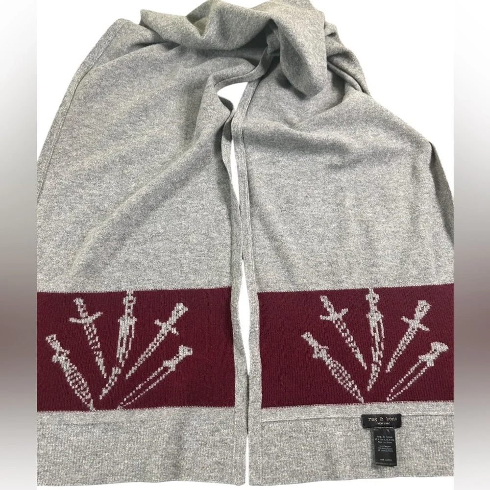 RAG & BONE Gray Burgundy Wool Knit Scarf Dagger Motif‎ Unisex 77”